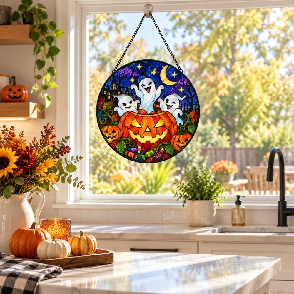 Pumpkin Mischief Ghost Halloween stained glass suncatcher window hanging, suitable for home and garden decoration