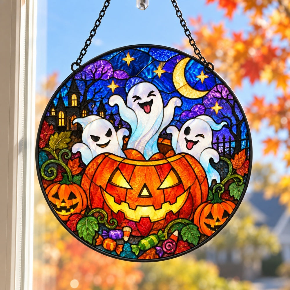 Pumpkin Mischief Ghost Halloween stained glass suncatcher window hanging, suitable for home and garden decoration