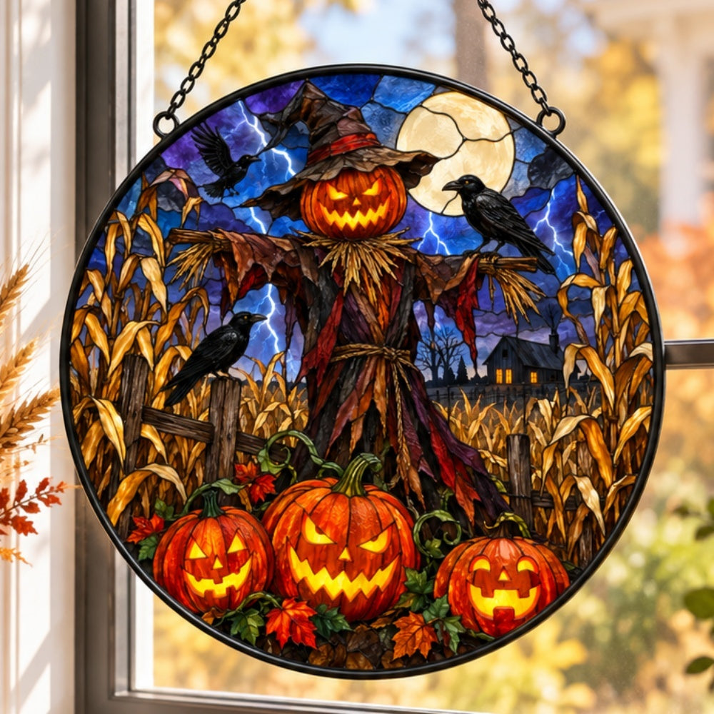 Pumpkin Scarecrow Halloween stained glass suncatcher window hanging, suitable for home and garden decoration