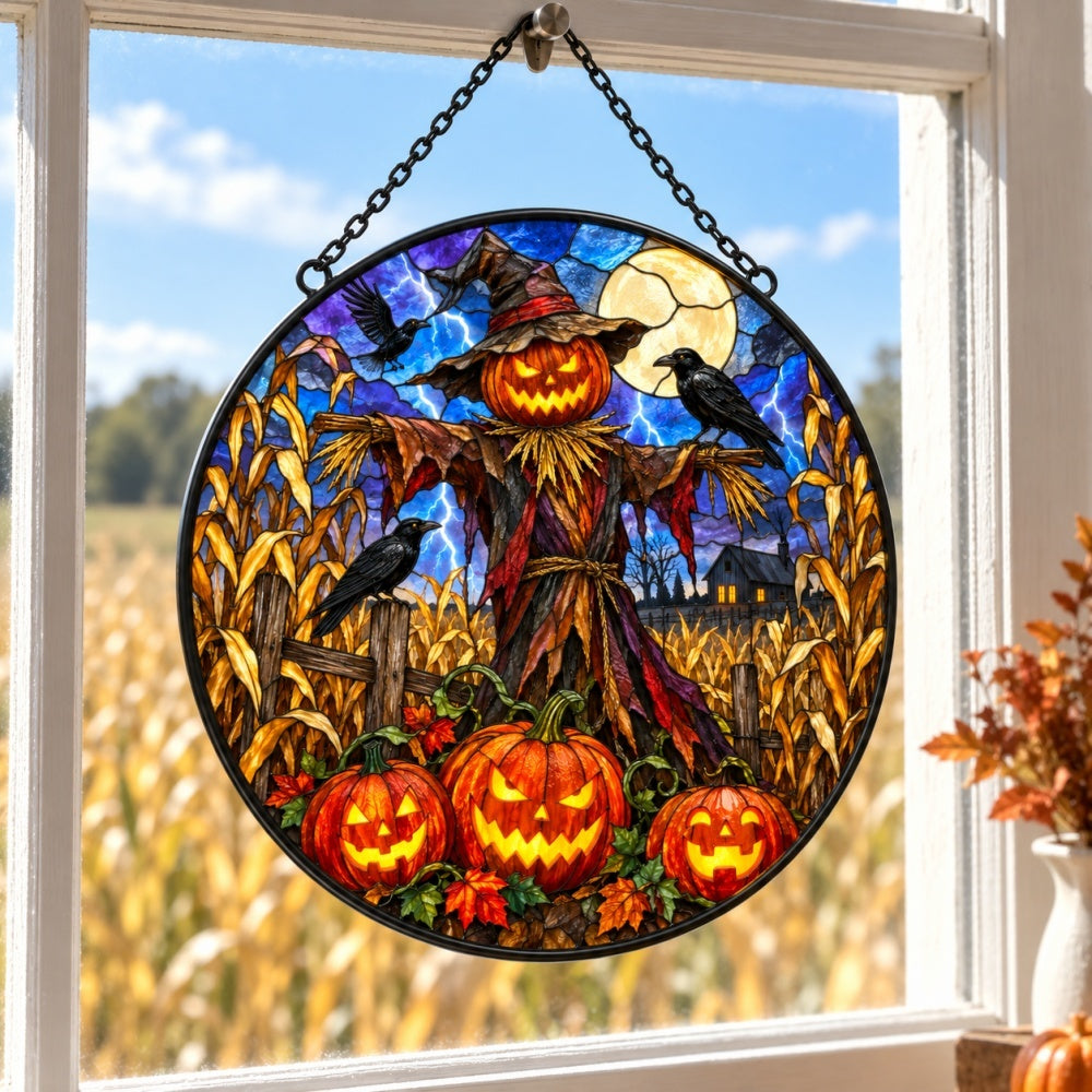 Pumpkin Scarecrow Halloween stained glass suncatcher window hanging, suitable for home and garden decoration