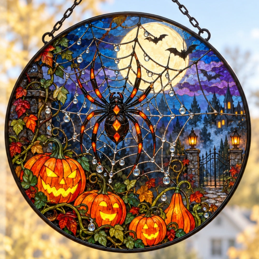 Pumpkin Spider Web Halloween stained glass suncatcher window hanging, suitable for home and garden decoration