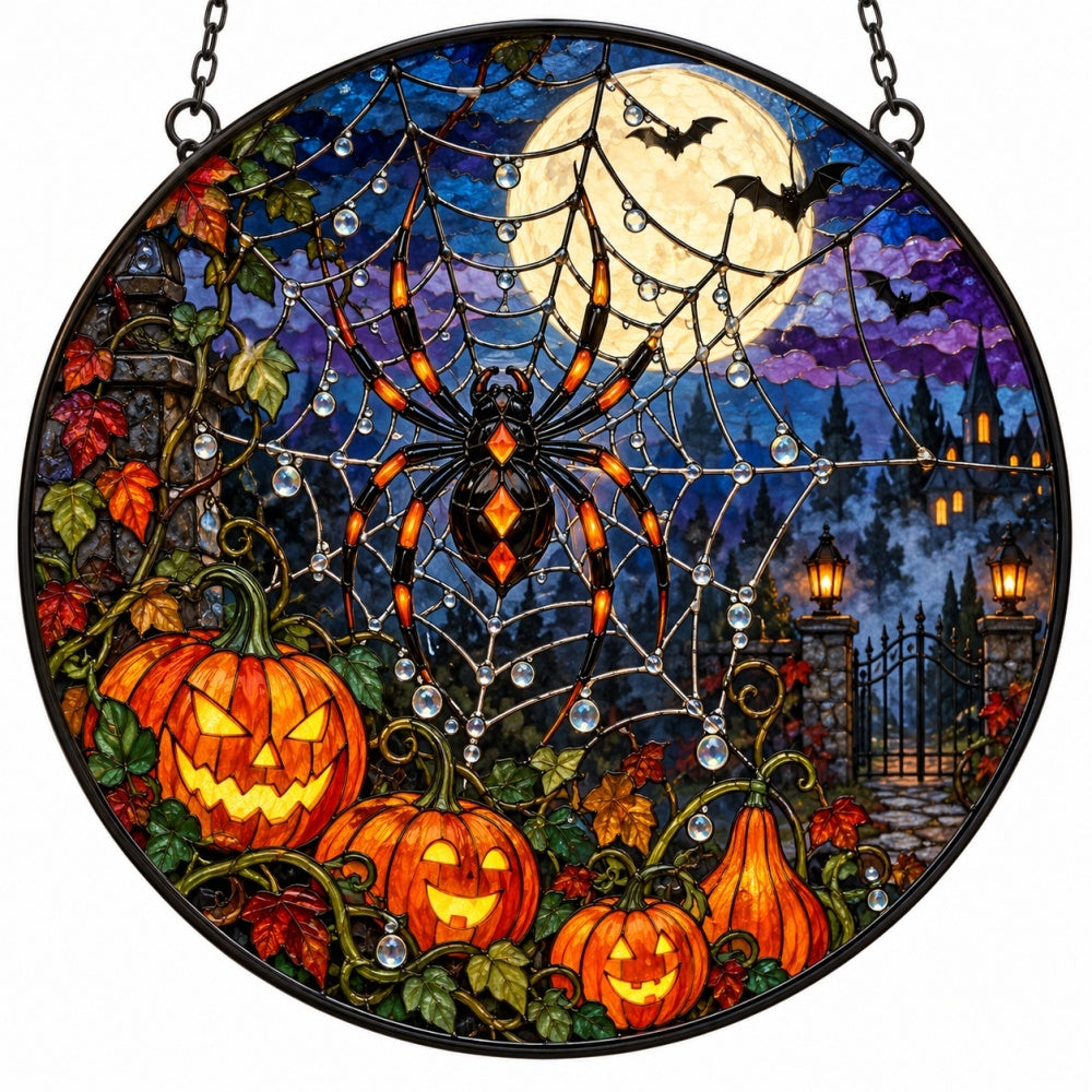 Pumpkin Spider Web Halloween stained glass suncatcher window hanging, suitable for home and garden decoration
