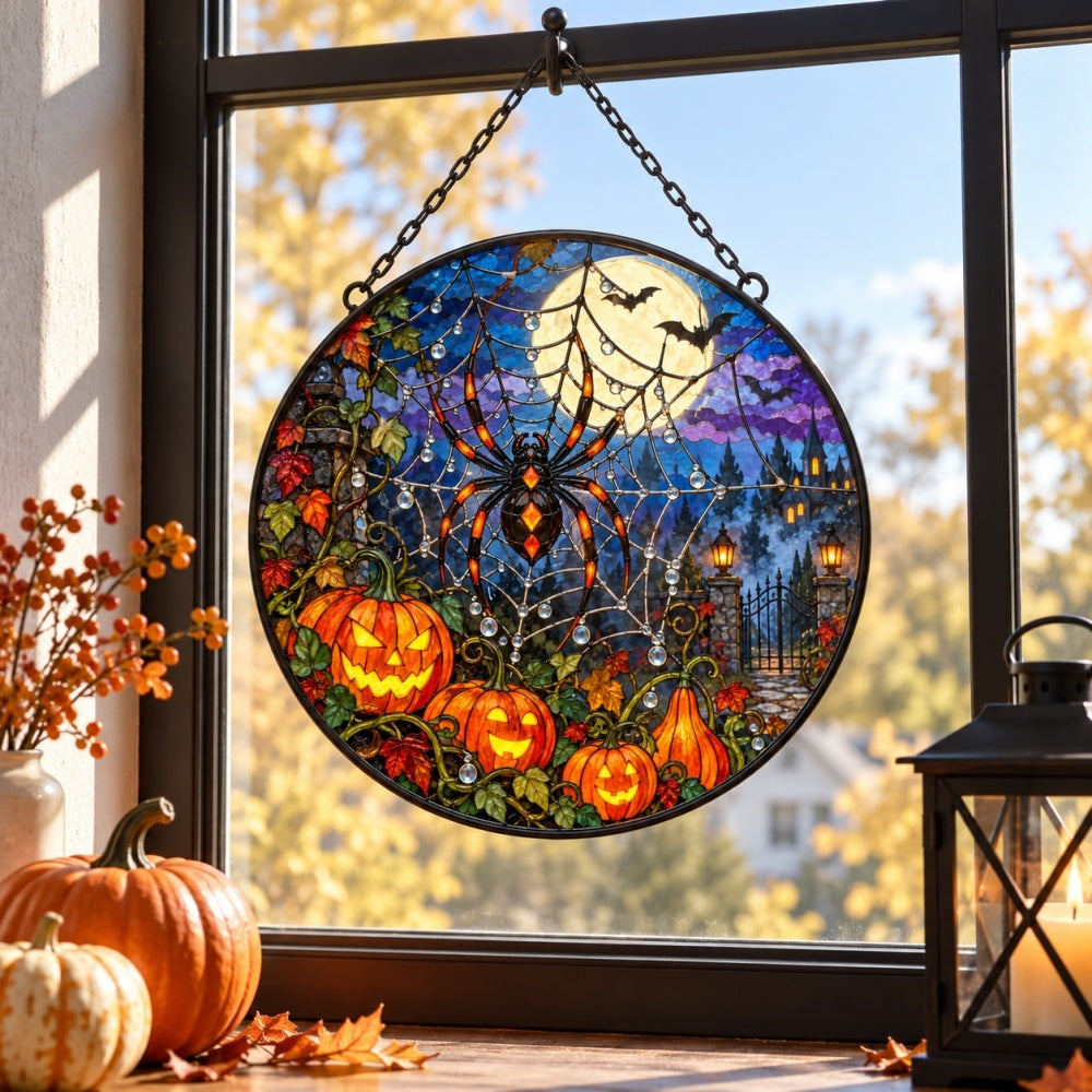 Pumpkin Spider Web Halloween stained glass suncatcher window hanging, suitable for home and garden decoration