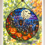 Pumpkin Spider Web Halloween stained glass suncatcher window hanging, suitable for home and garden decoration