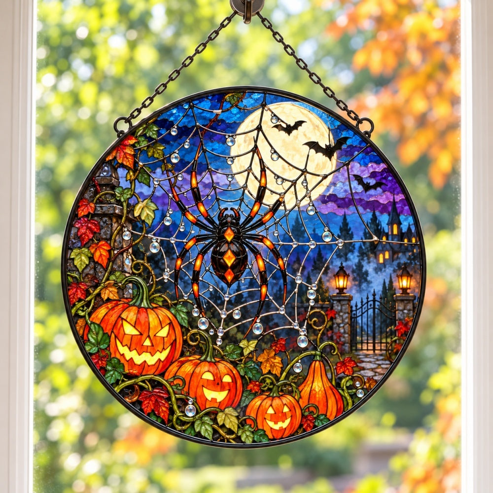 Pumpkin Spider Web Halloween stained glass suncatcher window hanging, suitable for home and garden decoration