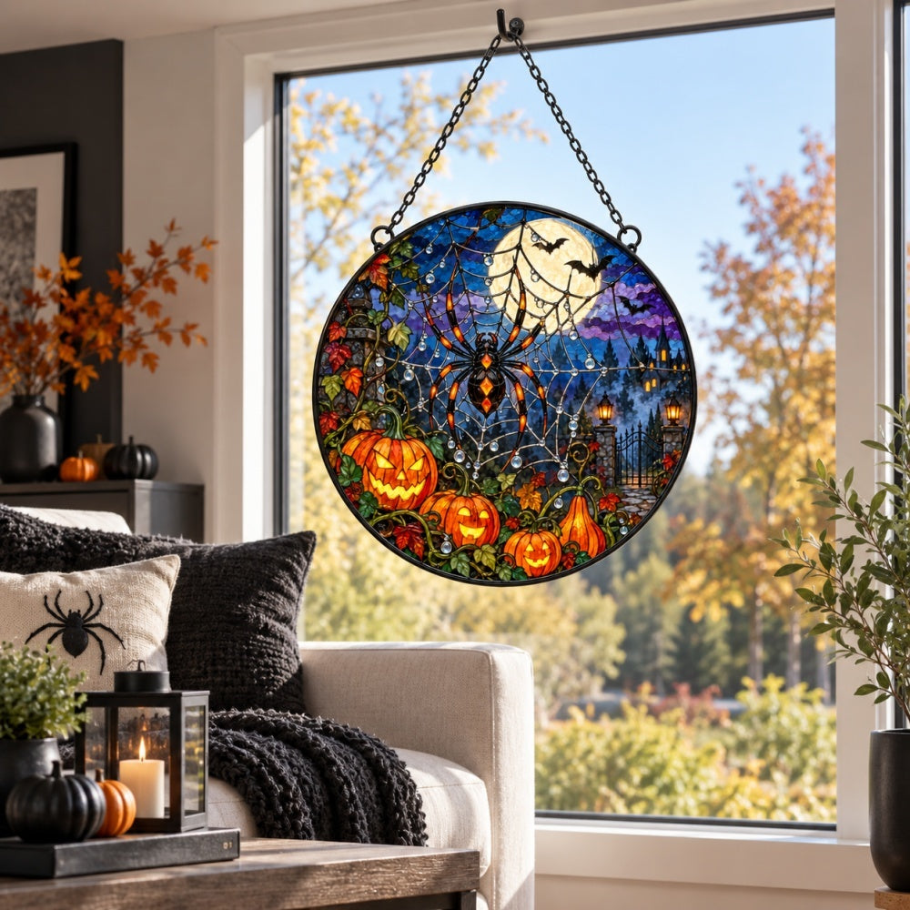 Pumpkin Spider Web Halloween stained glass suncatcher window hanging, suitable for home and garden decoration
