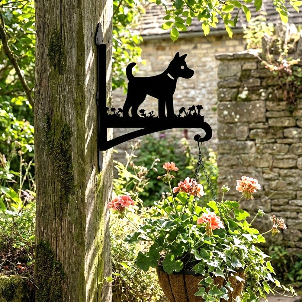 Puppy with flowers metal hanging basket bracket mounted on outdoor wall for plant decoration