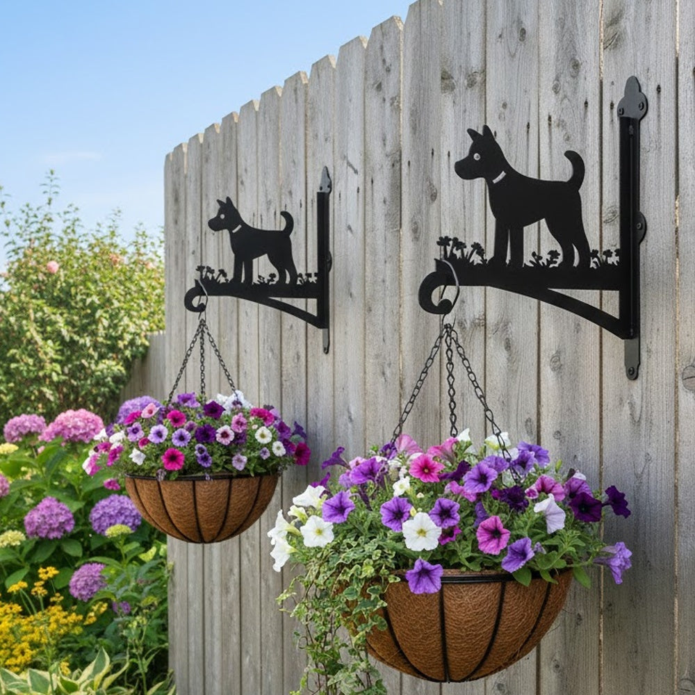 Puppy with flowers metal hanging basket bracket mounted on outdoor wall for plant decoration