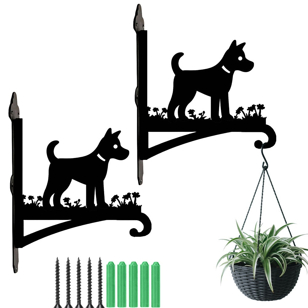 Puppy with flowers metal hanging basket bracket mounted on outdoor wall for plant decoration