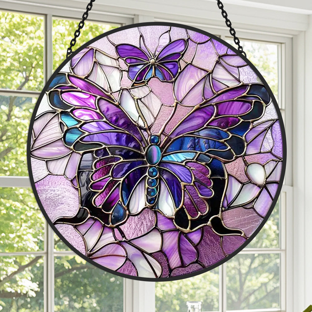 Purple butterflies stained glass suncatcher window hanging, suitable for home and garden decoration