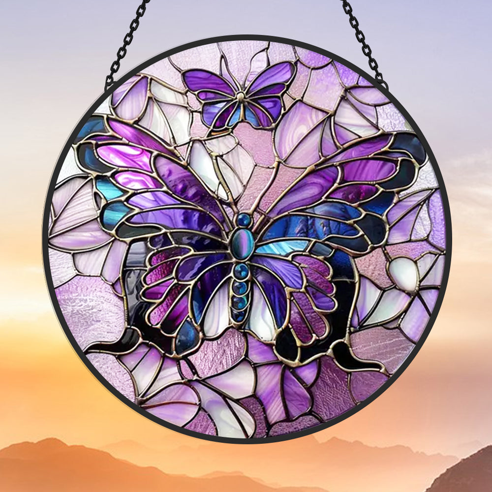 Purple butterflies stained glass suncatcher window hanging, suitable for home and garden decoration