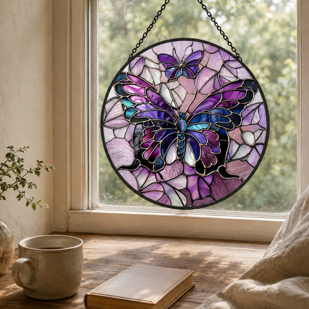 Purple butterflies stained glass suncatcher window hanging, suitable for home and garden decoration