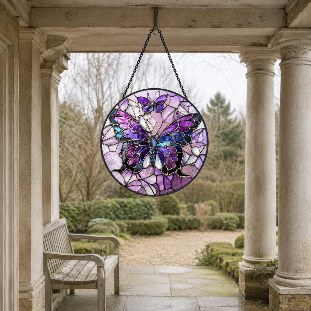 Purple butterflies stained glass suncatcher window hanging, suitable for home and garden decoration