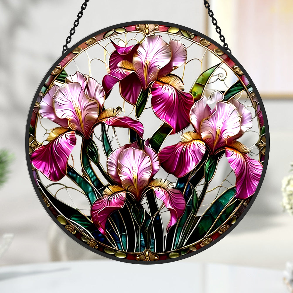 Purple iris garden floral stained glass suncatcher window hanging, suitable for home and garden decoration