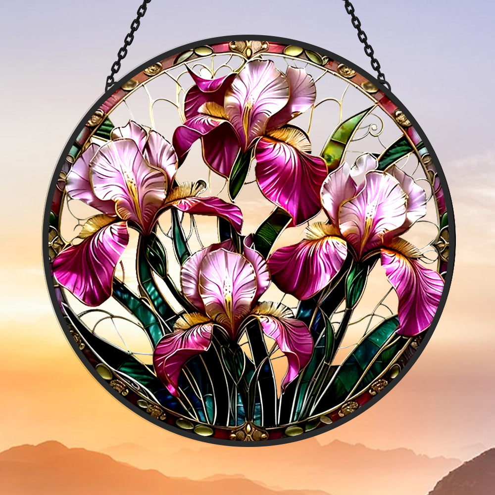 Purple iris garden floral stained glass suncatcher window hanging, suitable for home and garden decoration