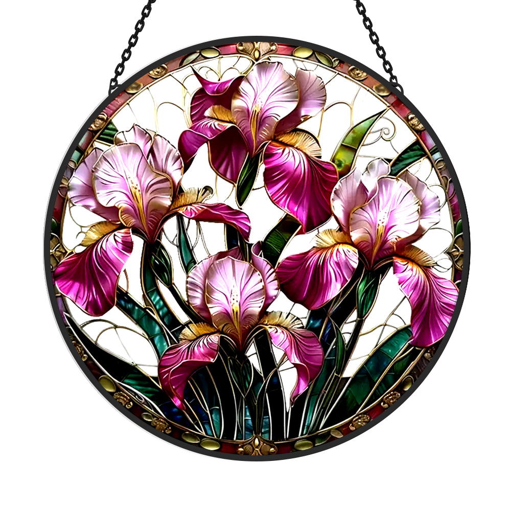 Purple iris garden floral stained glass suncatcher window hanging, suitable for home and garden decoration