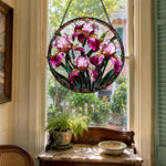 Purple iris garden floral stained glass suncatcher window hanging, suitable for home and garden decoration