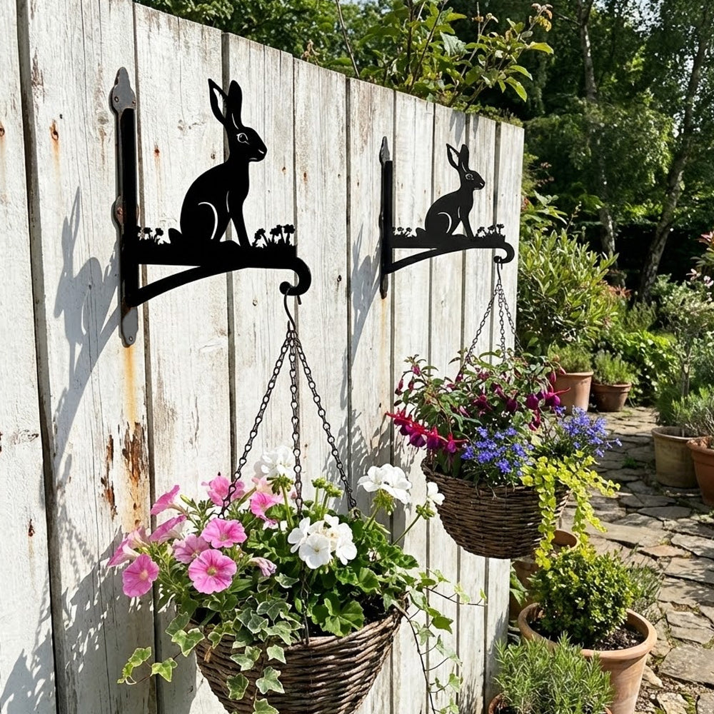 Rabbit metal hanging basket bracket mounted on outdoor wall for plant decoration