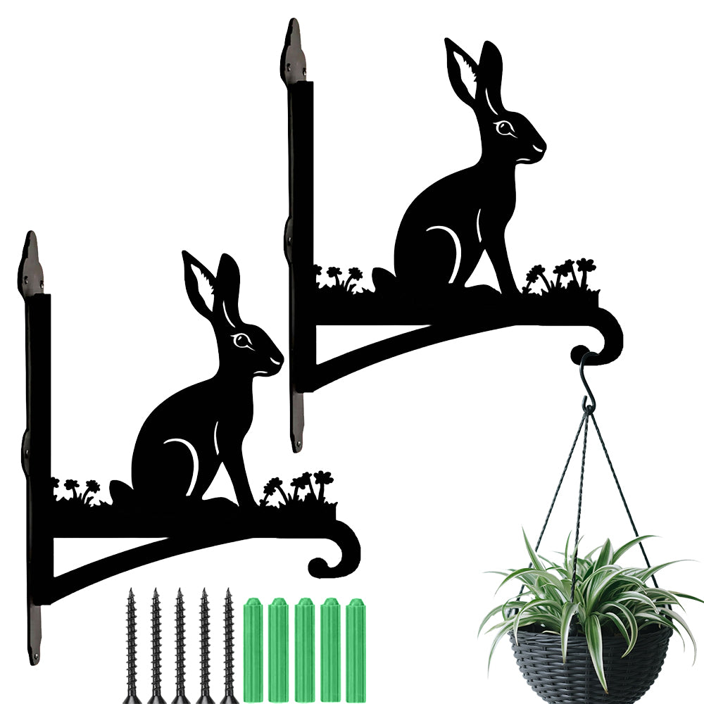 Rabbit metal hanging basket bracket mounted on outdoor wall for plant decoration