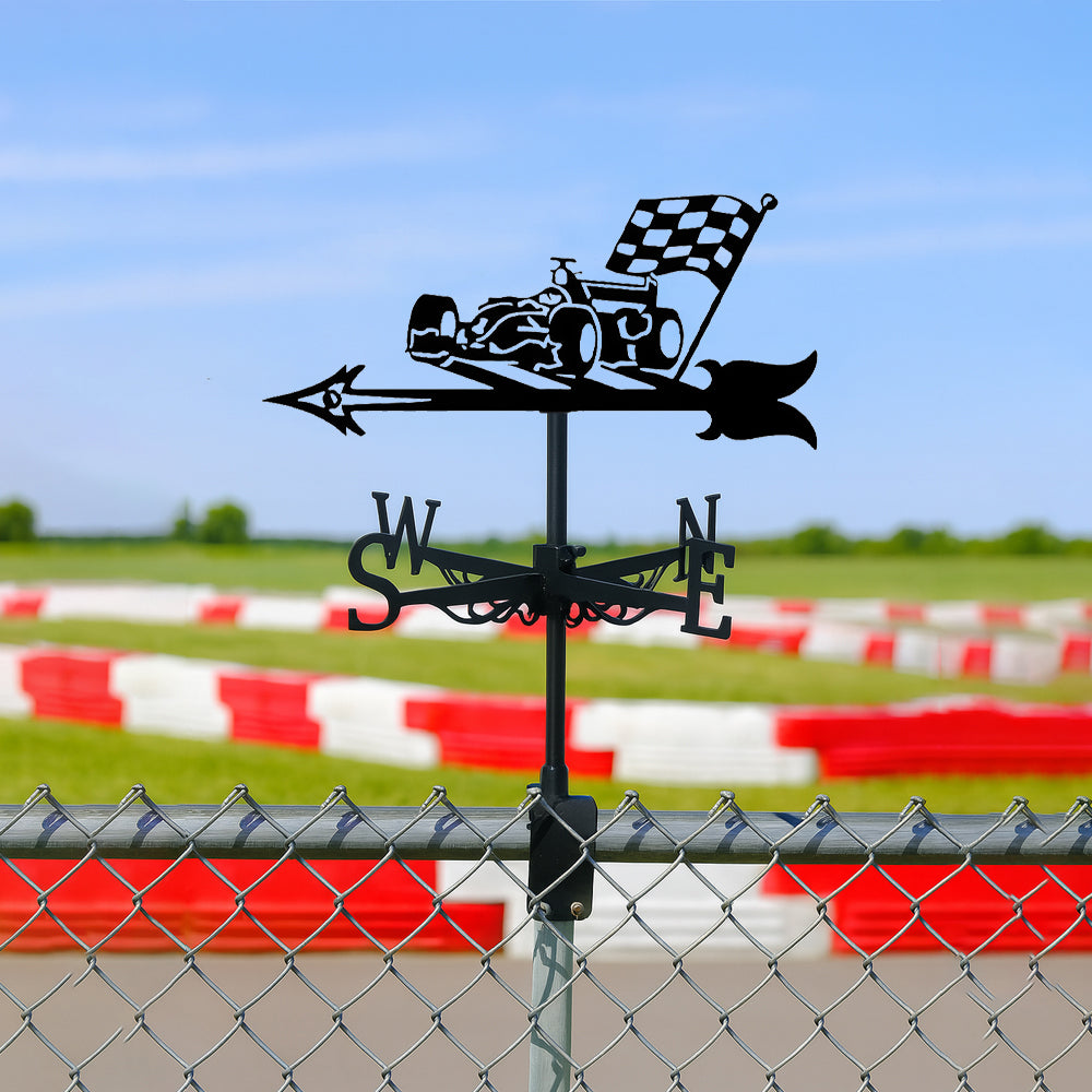 Racing car metal weather vane with directional arrows and mounting rod, outdoor roof and garden decoration