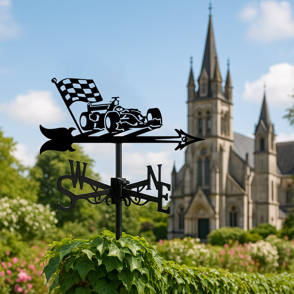 Racing car metal weather vane with directional arrows and mounting rod, outdoor roof and garden decoration