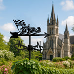 Racing car metal weather vane with directional arrows and mounting rod, outdoor roof and garden decoration