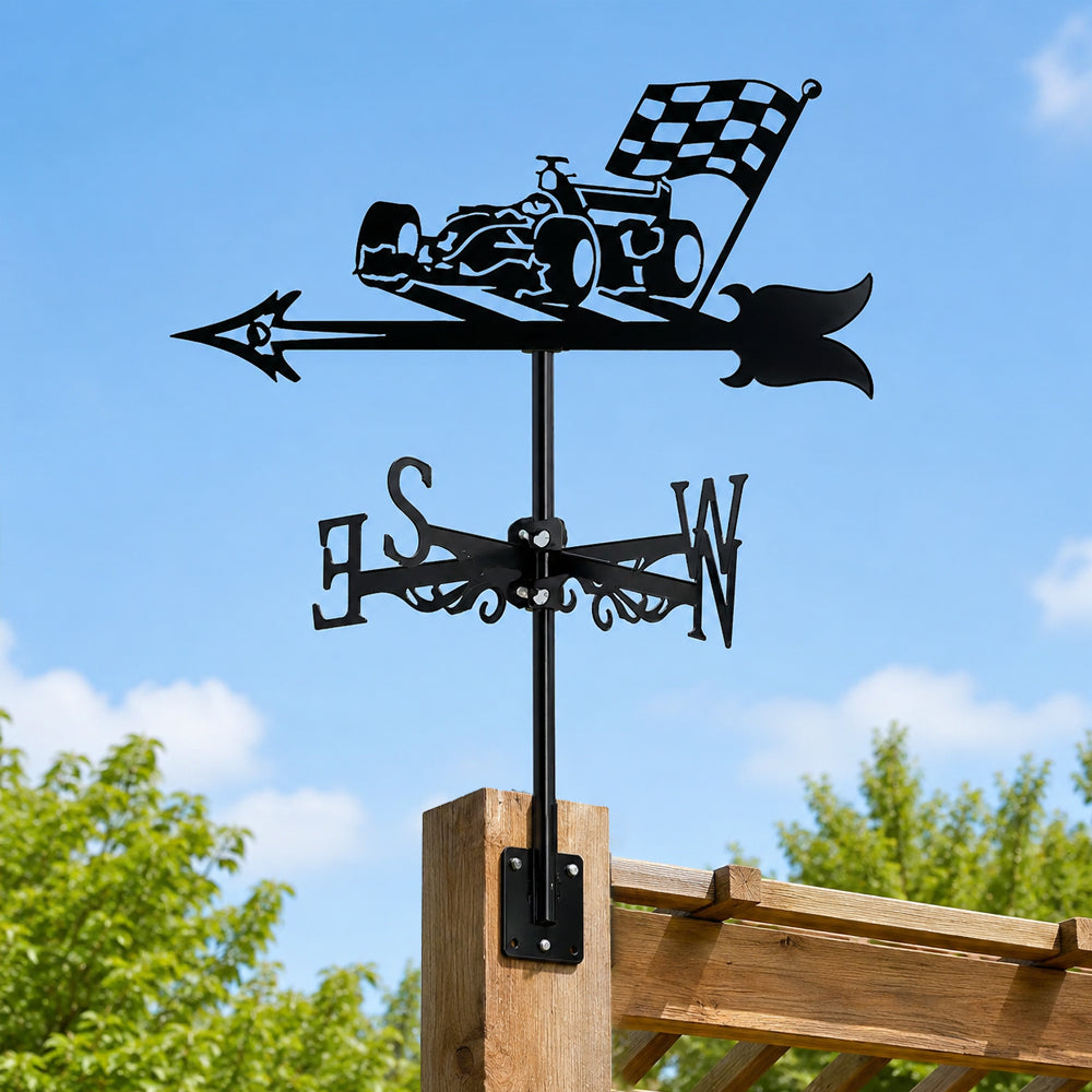 Racing car metal weather vane with directional arrows and mounting rod, outdoor roof and garden decoration