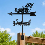Racing car metal weather vane with directional arrows and mounting rod, outdoor roof and garden decoration