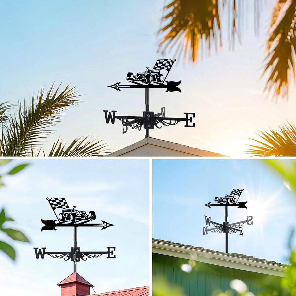 Racing car metal weather vane with directional arrows and mounting rod, outdoor roof and garden decoration
