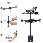 Racing car metal weather vane with directional arrows and mounting rod, outdoor roof and garden decoration
