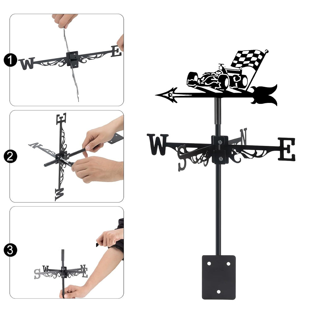 Racing car metal weather vane with directional arrows and mounting rod, outdoor roof and garden decoration
