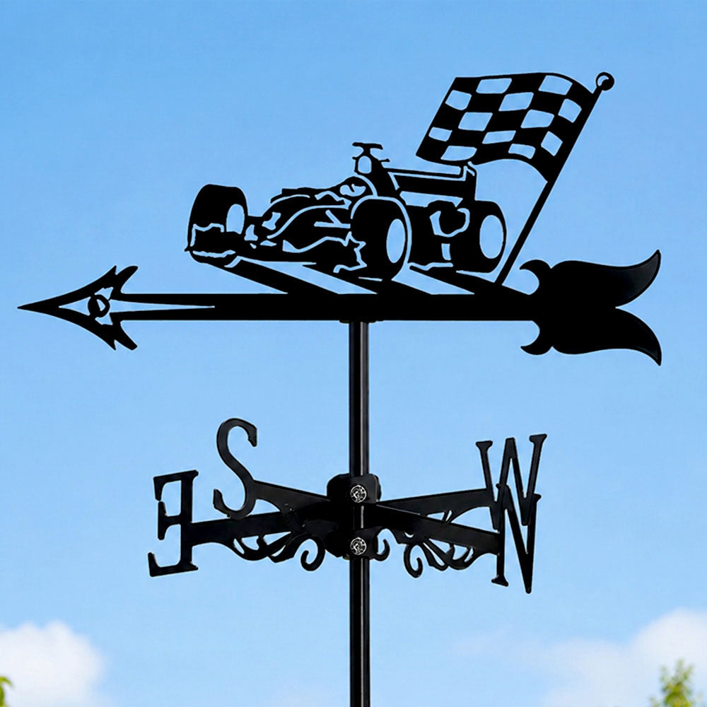 Racing car metal weather vane with directional arrows and mounting rod, outdoor roof and garden decoration