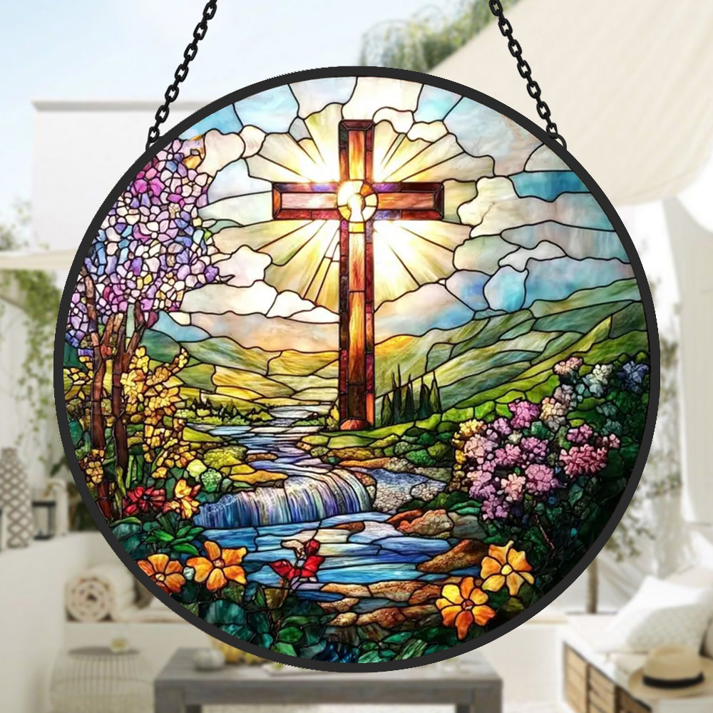 Radiant cross and garden stream stained glass suncatcher window hanging, suitable for home and garden decoration