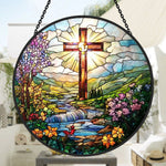 Radiant cross and garden stream stained glass suncatcher window hanging, suitable for home and garden decoration