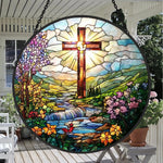 Radiant cross and garden stream stained glass suncatcher window hanging, suitable for home and garden decoration