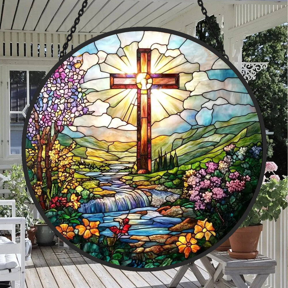 Radiant cross and garden stream stained glass suncatcher window hanging, suitable for home and garden decoration