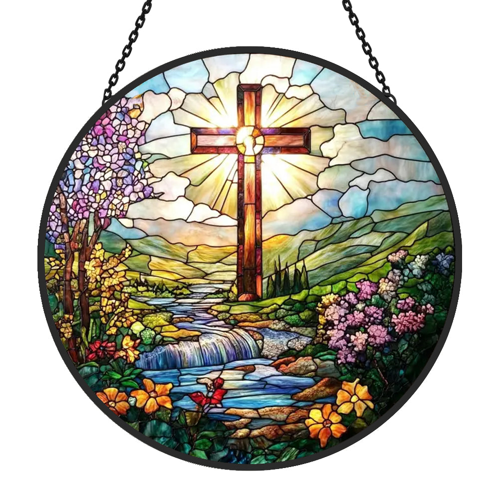 Radiant cross and garden stream stained glass suncatcher window hanging, suitable for home and garden decoration