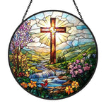 Radiant cross and garden stream stained glass suncatcher window hanging, suitable for home and garden decoration