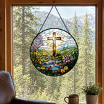Radiant cross and garden stream stained glass suncatcher window hanging, suitable for home and garden decoration