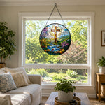Radiant cross and garden stream stained glass suncatcher window hanging, suitable for home and garden decoration