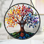 Rainbow chakra tree of life stained glass suncatcher window hanging, suitable for home and garden decoration