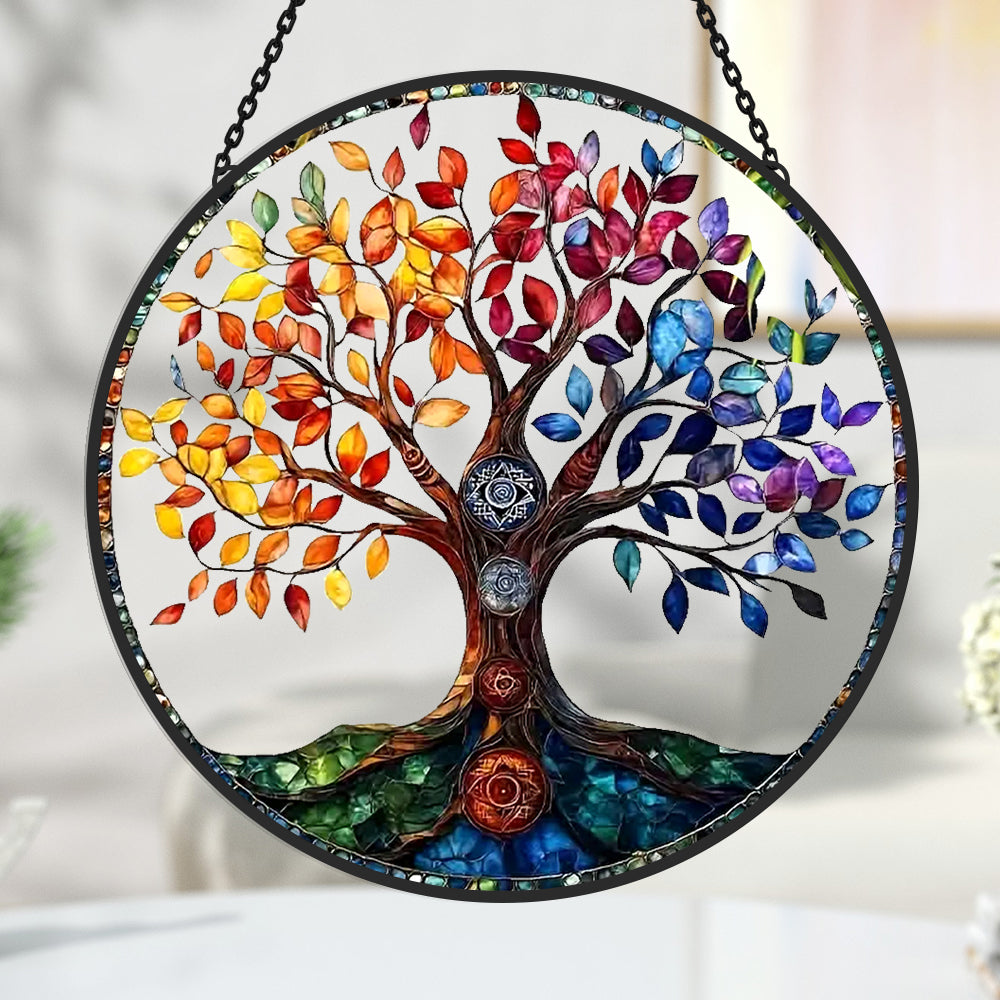Rainbow chakra tree of life stained glass suncatcher window hanging, suitable for home and garden decoration