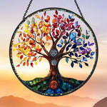 Rainbow chakra tree of life stained glass suncatcher window hanging, suitable for home and garden decoration