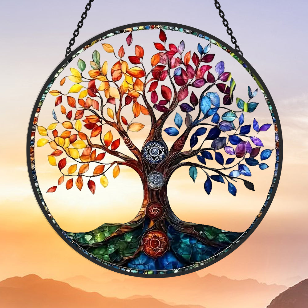 Rainbow chakra tree of life stained glass suncatcher window hanging, suitable for home and garden decoration