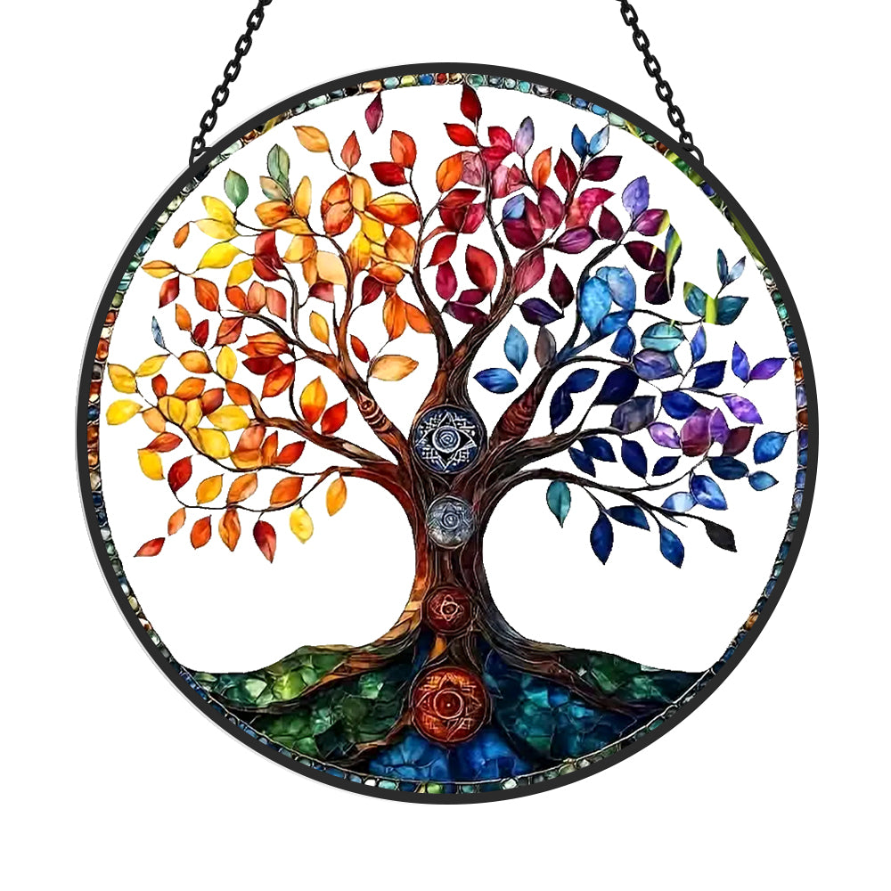 Rainbow chakra tree of life stained glass suncatcher window hanging, suitable for home and garden decoration