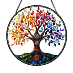 Rainbow chakra tree of life stained glass suncatcher window hanging, suitable for home and garden decoration
