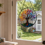 Rainbow chakra tree of life stained glass suncatcher window hanging, suitable for home and garden decoration