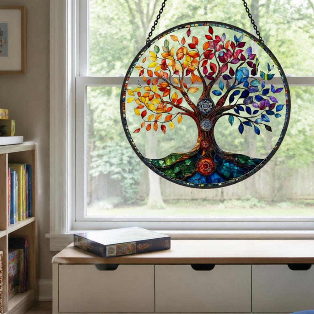 Rainbow chakra tree of life stained glass suncatcher window hanging, suitable for home and garden decoration