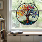 Rainbow chakra tree of life stained glass suncatcher window hanging, suitable for home and garden decoration