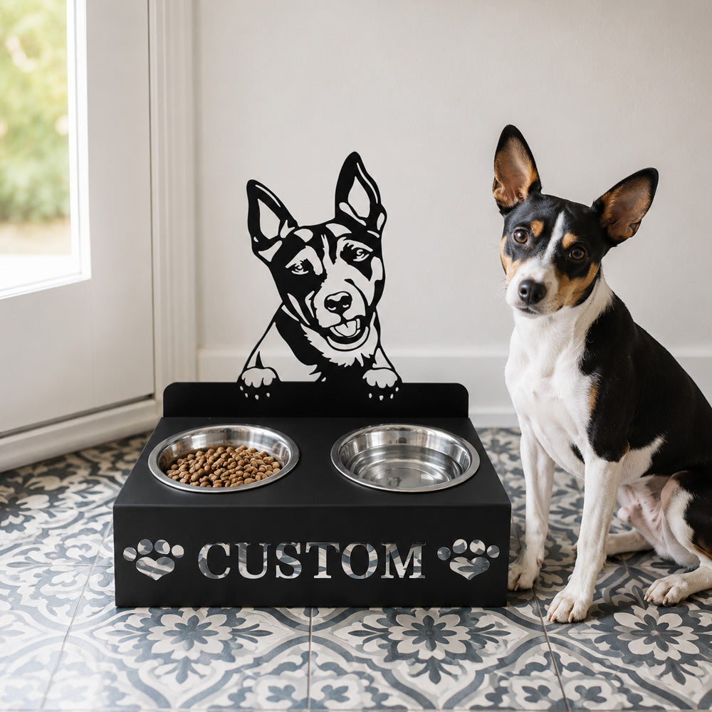 Personalized rat terrier metal dog bowl stand with custom name cutout and two removable feeding bowls
